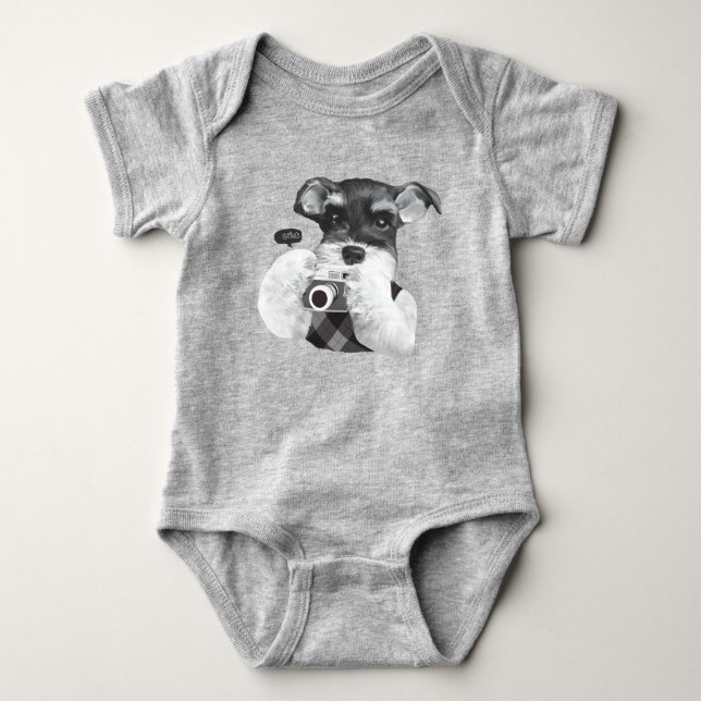 Schnauzer with Camera Baby Bodysuit (Front)