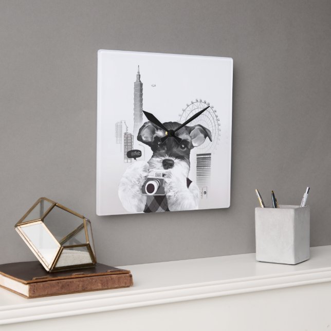 Schnauzer with Camera Square Wall Clock (Office)