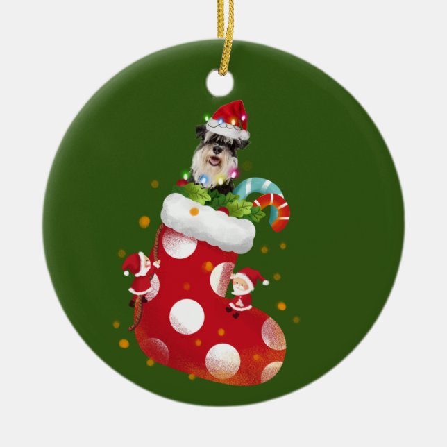 Schnauzer  With Hat Sock Christmas Ceramic Ornament (Front)
