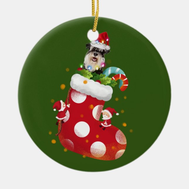 Schnauzer With Socking Ceramic Ornament (Front)