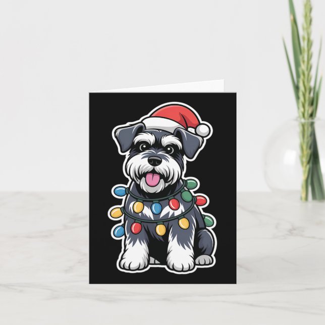 Schnauzer Wrapped In Christmas Lights  Card (Front)