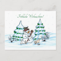 Schneemann mit Katze und Hundewelpe auf Deutsch