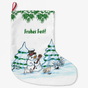 Schneemann mit Katze und Hundewelpe auf Deutsch Large Christmas Stocking