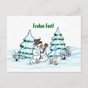 Schneemann mit Katze und Hundewelpe auf Deutsch Postcard