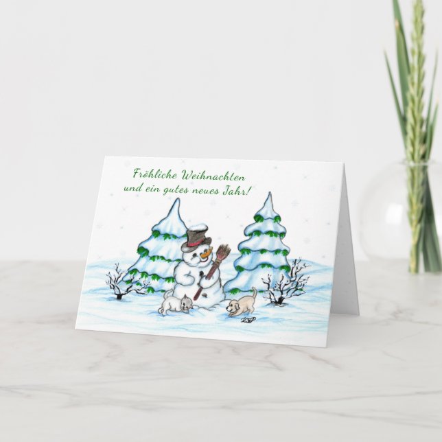 Schneemann with cat and dog - puppy in German Holiday Card (Front)
