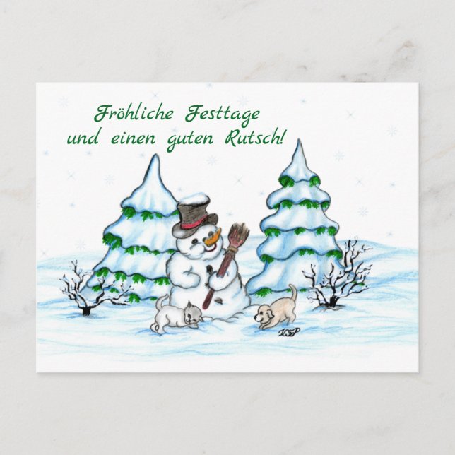 Schneemann with cat and dog - puppy in German Postcard (Front)