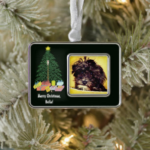 Schnoodle Dog With Christmas Tree Framed Ornament