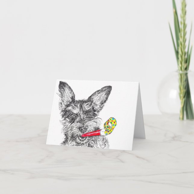 Schnoodle Dog with Party Blower Birthday Note Card (Front)