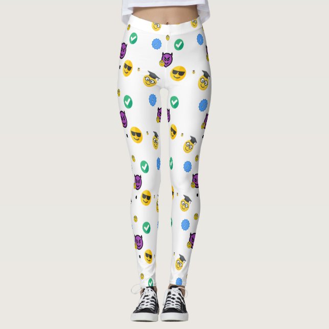 Scholar, horror, ghost cute emojis on white leggings (Front)