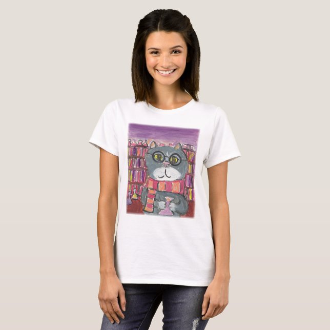 Scholarly Magical Potions Cat Folk Art  T-Shirt (Front Full)