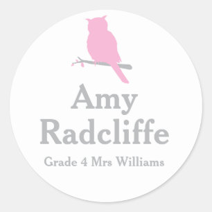 School add your grade & name owl pink id sticker