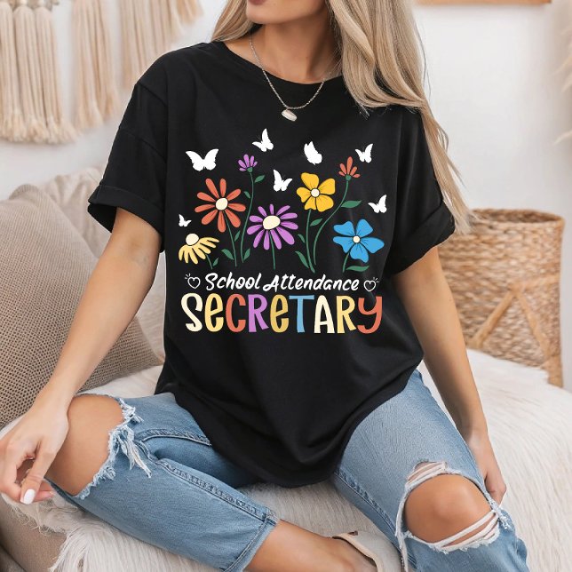 School Attendance Secretary Wildflowers Groovy T-Shirt (Creator Uploaded)