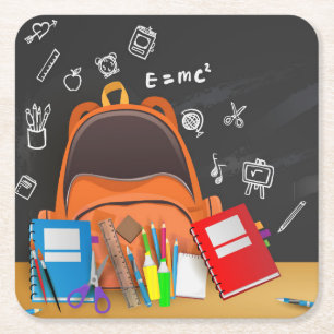 School Bag, Pencils, Ruler, Books & Scissors Square Paper Coaster