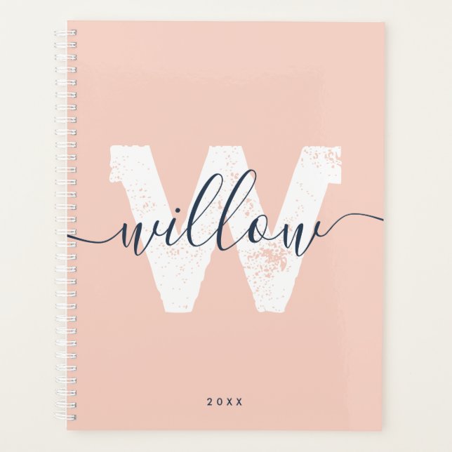 School Blush Pink Script Typography Monogram Planner (Front)