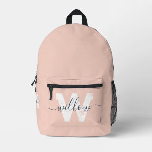 School Blush Pink Script Typography Monogram Printed Backpack