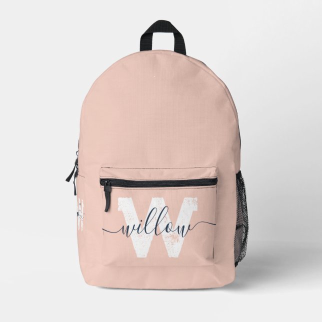 School Blush Pink Script Typography Monogram Printed Backpack (Front)