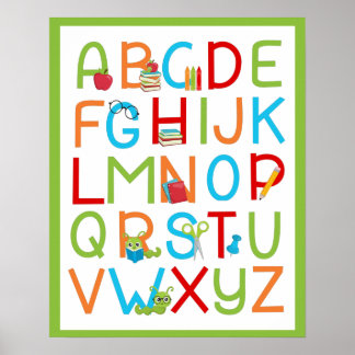 School Bookworm Alphabet A to Z on Bright Green Poster