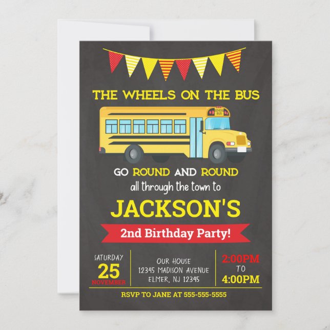 School Bus Birthday Invitation / Wheels on the Bus (Front)