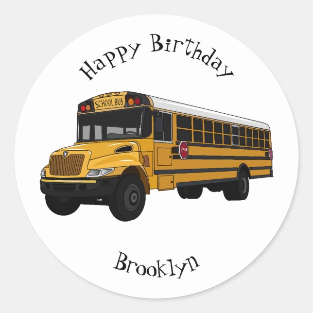 School bus cartoon illustration  classic round sticker (Front)