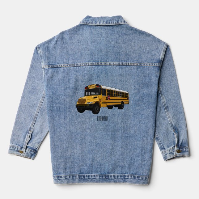 School bus cartoon illustration  denim jacket (Back)