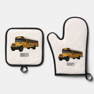 School bus cartoon illustration oven mitt & pot holder set