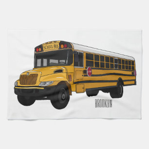 School bus cartoon illustration tea towel