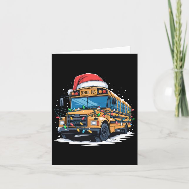 School Bus Christmas Tree Cute Santa Hat Lights Xm Card (Front)