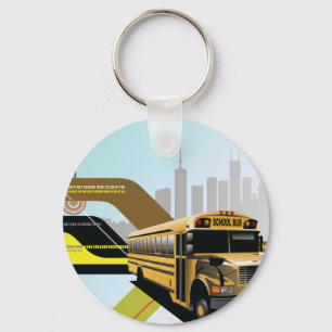 School Bus City Scene Key Ring