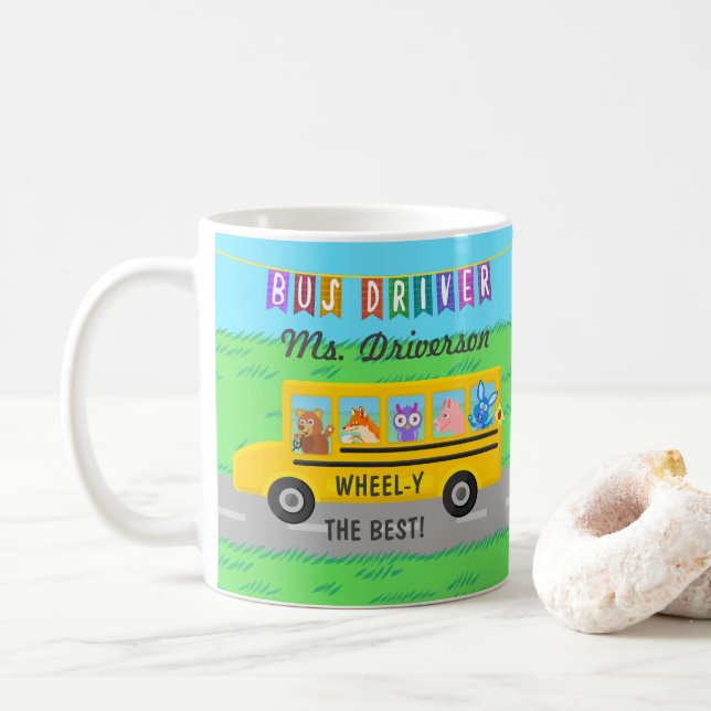 School Bus Driver Cute Animals | Personalised Name Coffee Mug (With Donut)