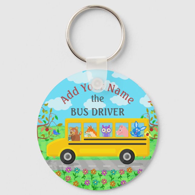 School Bus Driver Cute Animals | Personalised Name Key Ring (Front)
