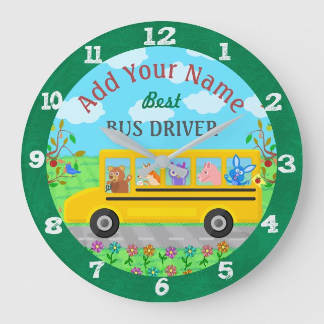 School Bus Driver Cute Animals | Personalised Name Large Clock (Front)