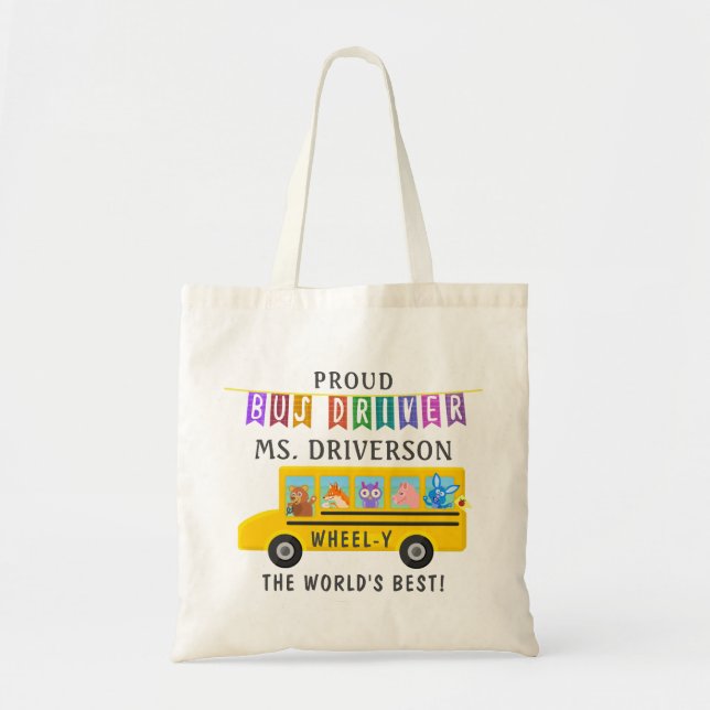 School Bus Driver Cute Animals | Personalised Name Tote Bag (Front)