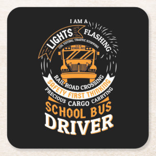 School Bus Driver Lights Flashing Square Paper Coaster