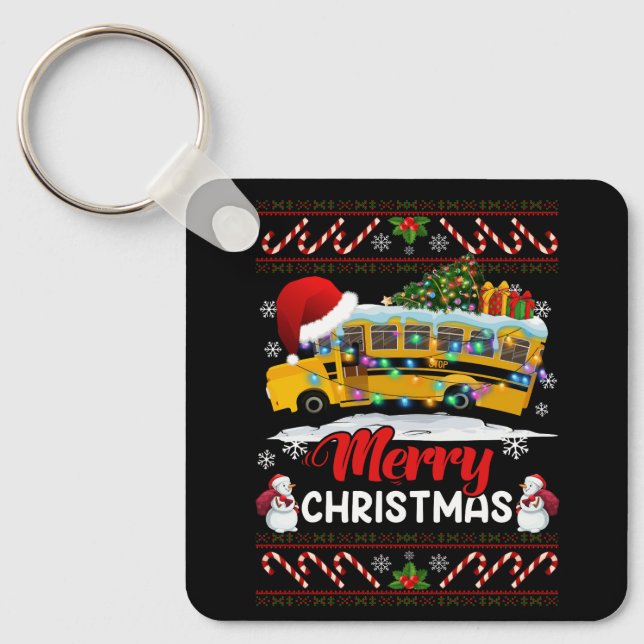 School Bus Driver Merry Christmas Lights Xmas Ugly Key Ring (Front)