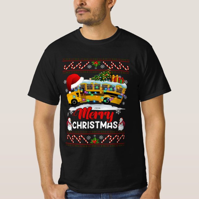School Bus Driver Merry Christmas Lights Xmas Ugly T-Shirt (Front)
