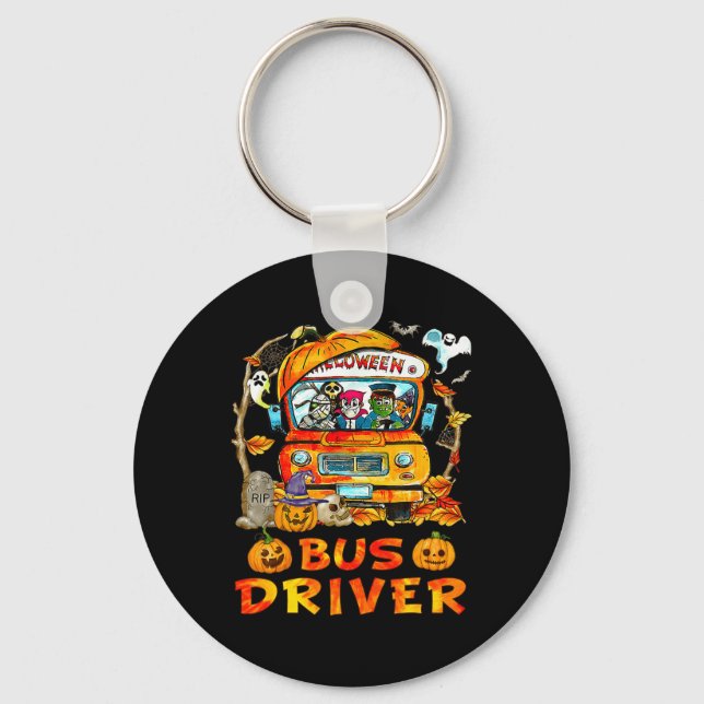 School Bus Driver Pumpkin Season Skeleton Fall Hal Key Ring (Front)
