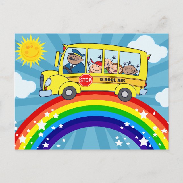 School Bus Driving on a Rainbow Postcard (Front)