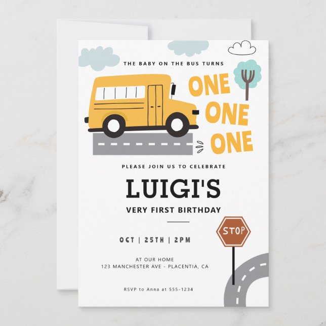 School Bus FIRST birthday Wheels on the Bus Party Invitation (Front)