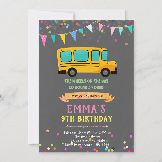 School bus girl birthday invitation (Front)