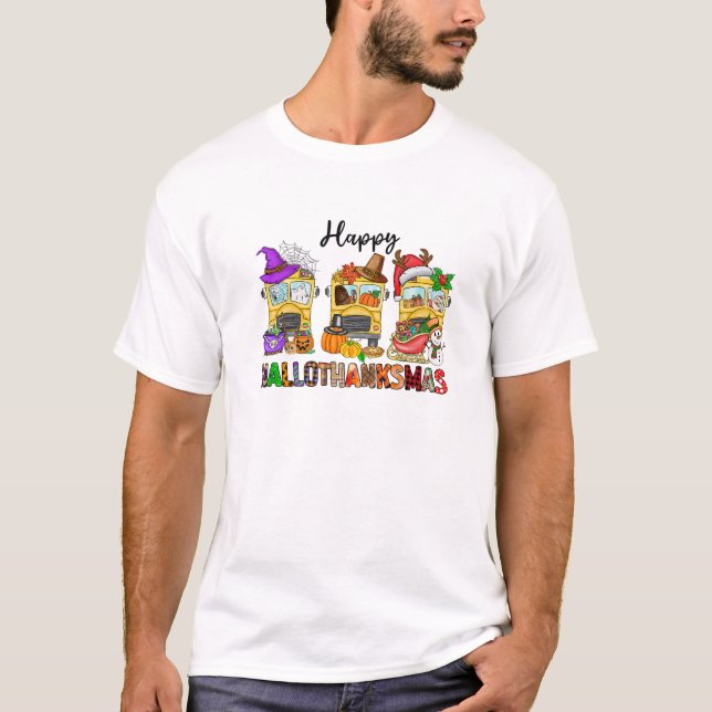 School Bus Hallothanksmas Halloween Thanksgiving C T-Shirt (Front)