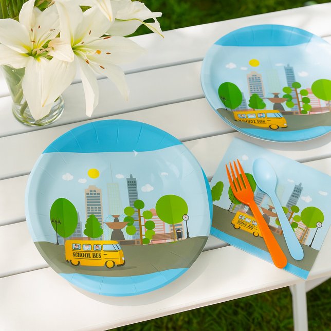School Bus In The City Paper Plate (Creator Uploaded)