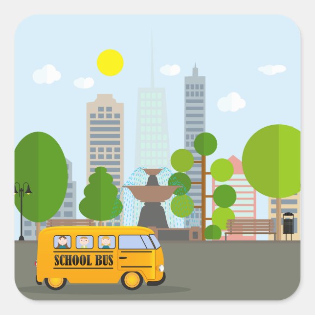 School Bus In The City Square Sticker (Front)