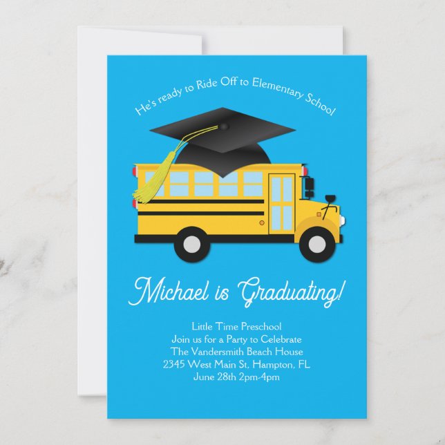 School Bus Preschool Graduation Party Elementary Invitation (Front)