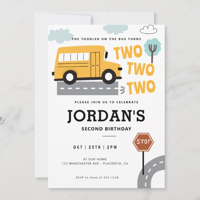 School Bus Second birthday Wheels on the Bus Party Invitation (Front)
