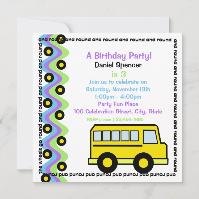 School Bus Wheels Invitation (Front)
