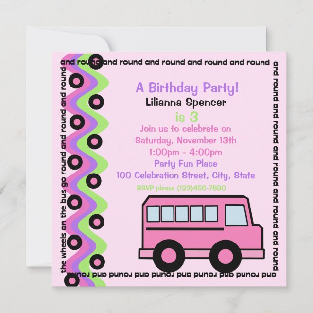 School Bus Wheels Pink Invitation (Front)