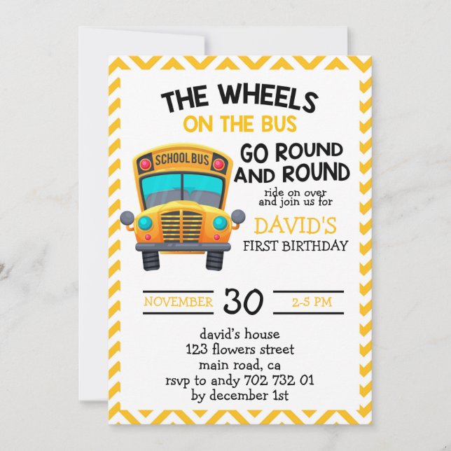 School Bus Yellow Cute Boy Birthday Party Invitation (Front)