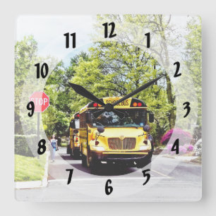 School Buses At Stop Sign In Spring Square Wall Clock