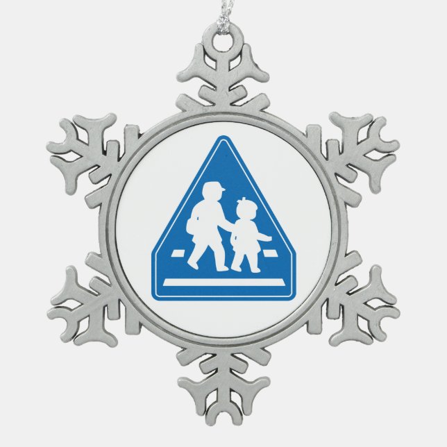 School Children Crossing >> Japanese Traffic Sign Snowflake Pewter Christmas Ornament (Front)