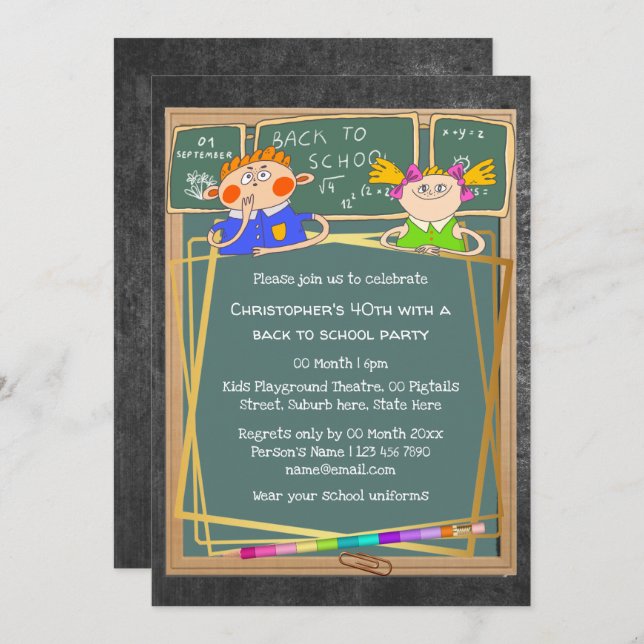 School classroom cartoon kids adult party invitation (Front/Back)